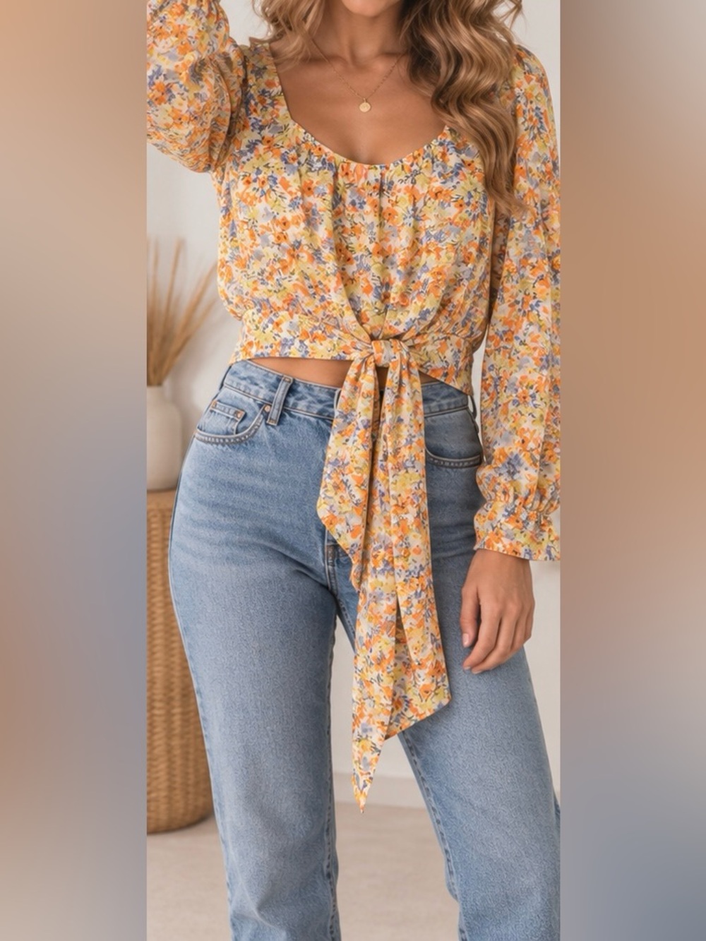 NWT ASTR Finley Long Sleeve Floral Tie Front Blouse Peach M